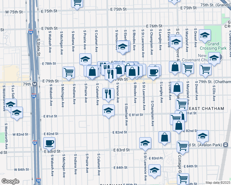 map of restaurants, bars, coffee shops, grocery stores, and more near 7953 South Vernon Avenue in Chicago