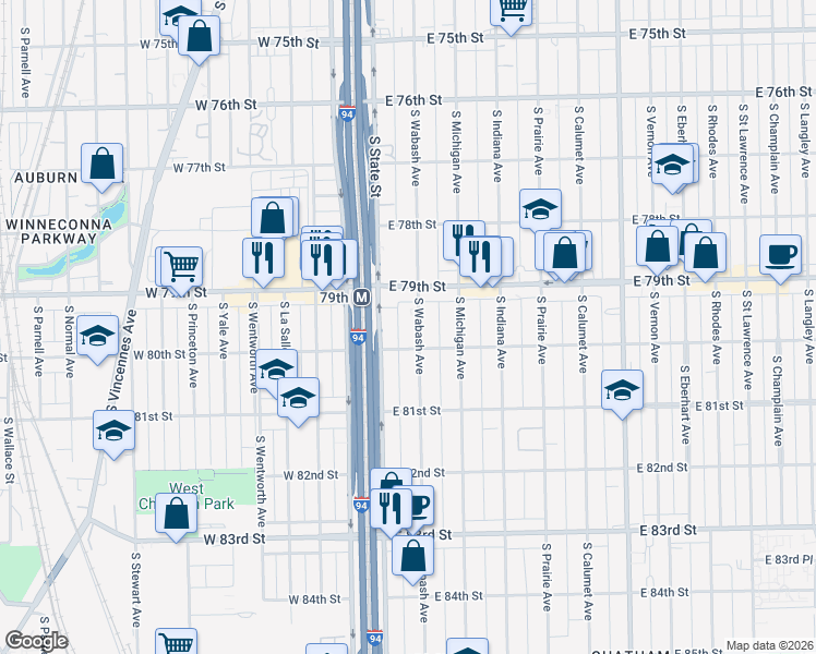 map of restaurants, bars, coffee shops, grocery stores, and more near 7949 South State Street in Chicago