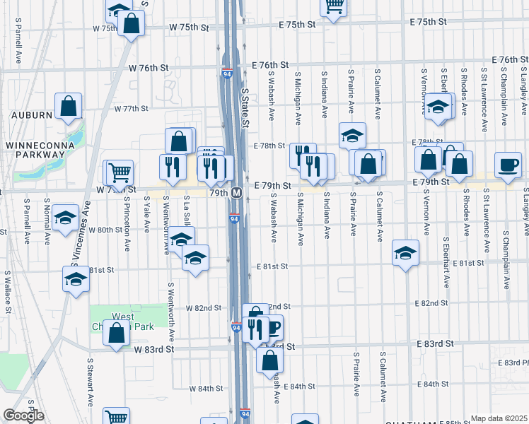 map of restaurants, bars, coffee shops, grocery stores, and more near 7949 South State Street in Chicago