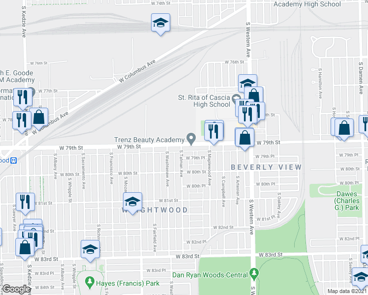 map of restaurants, bars, coffee shops, grocery stores, and more near 2614 West 79th Place in Chicago