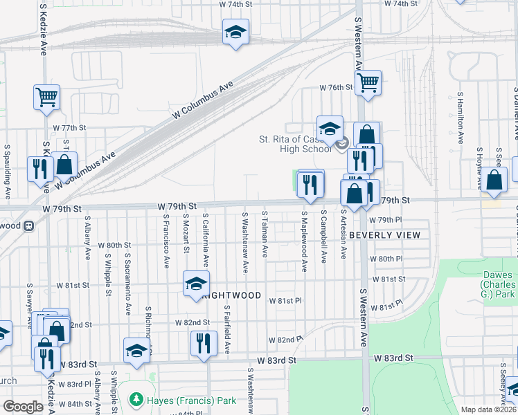 map of restaurants, bars, coffee shops, grocery stores, and more near 7913 South Washtenaw Avenue in Chicago