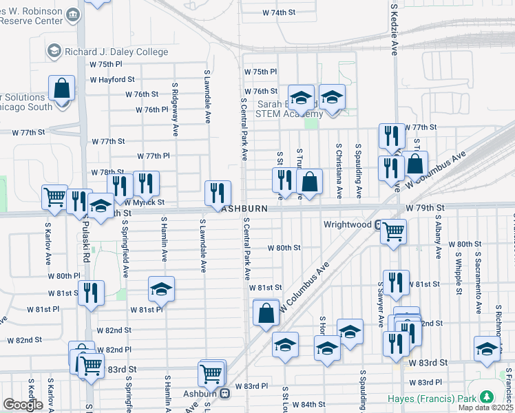 map of restaurants, bars, coffee shops, grocery stores, and more near 3529 West 79th Street in Chicago