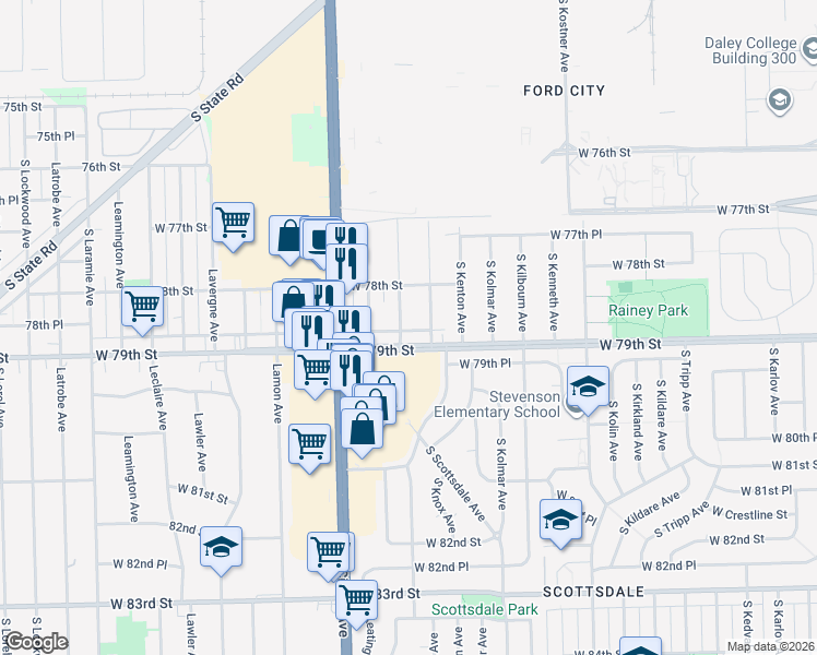 map of restaurants, bars, coffee shops, grocery stores, and more near 4636 West 79th Street in Chicago