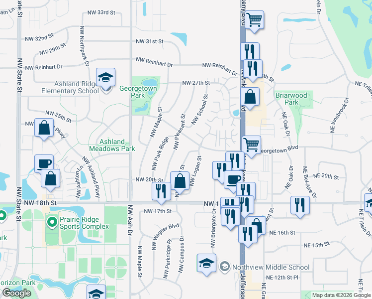 map of restaurants, bars, coffee shops, grocery stores, and more near 2110 Northwest Logan Street in Ankeny