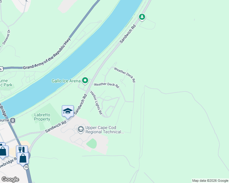 map of restaurants, bars, coffee shops, grocery stores, and more near 16 Weather Deck Road in Bourne