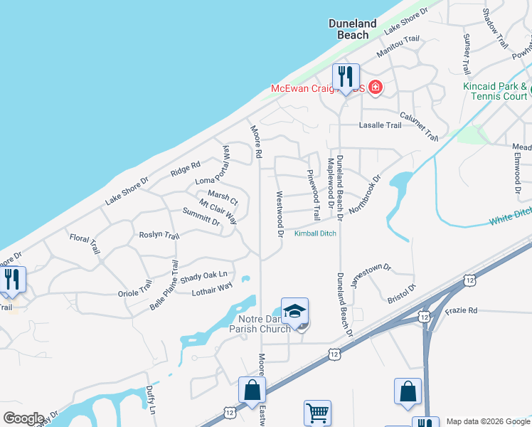 map of restaurants, bars, coffee shops, grocery stores, and more near 303 Moore Road in Long Beach