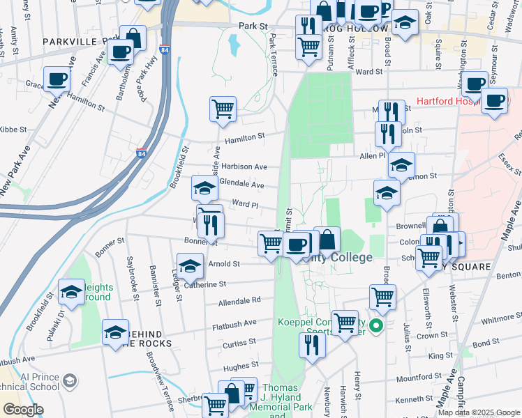 map of restaurants, bars, coffee shops, grocery stores, and more near 13 Ward Place in Hartford