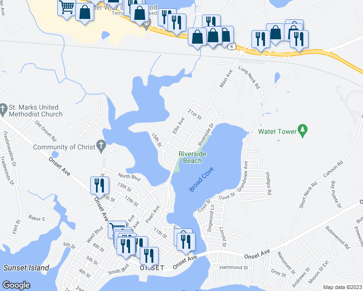 map of restaurants, bars, coffee shops, grocery stores, and more near 63 Main Avenue in Wareham