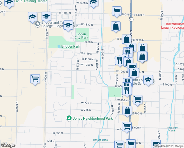 map of restaurants, bars, coffee shops, grocery stores, and more near 971 North 300 West in Logan