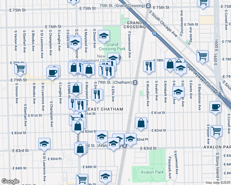 map of restaurants, bars, coffee shops, grocery stores, and more near 7949 South Ellis Avenue in Chicago