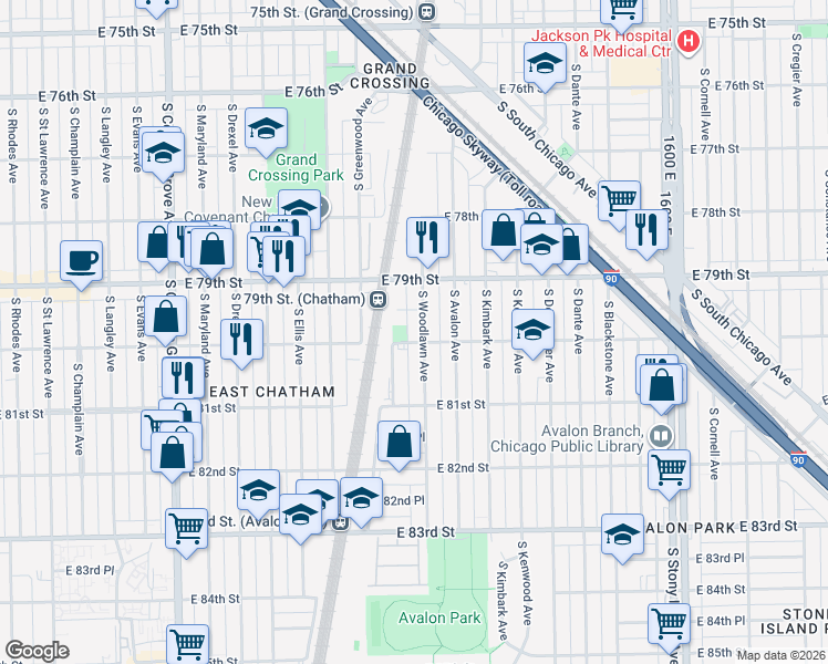 map of restaurants, bars, coffee shops, grocery stores, and more near 8000 South Woodlawn Avenue in Chicago