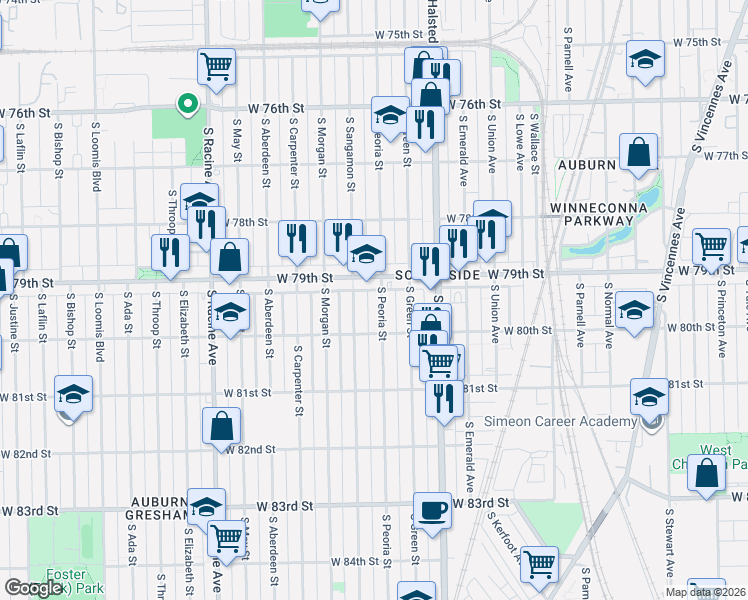 map of restaurants, bars, coffee shops, grocery stores, and more near 7932 South Peoria Street in Chicago
