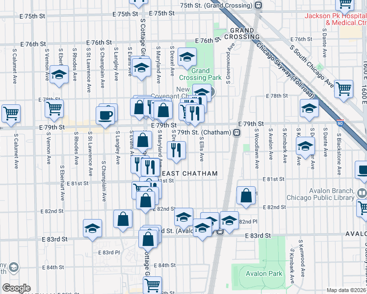 map of restaurants, bars, coffee shops, grocery stores, and more near 914 East 80th Street in Chicago