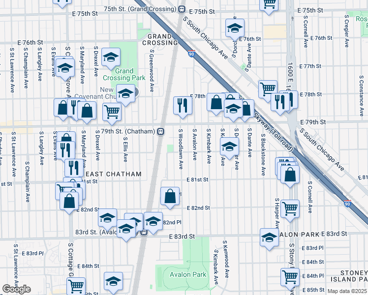 map of restaurants, bars, coffee shops, grocery stores, and more near 7953 South Woodlawn Avenue in Chicago