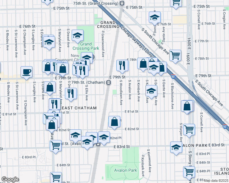 map of restaurants, bars, coffee shops, grocery stores, and more near 1133 East 80th Street in Chicago