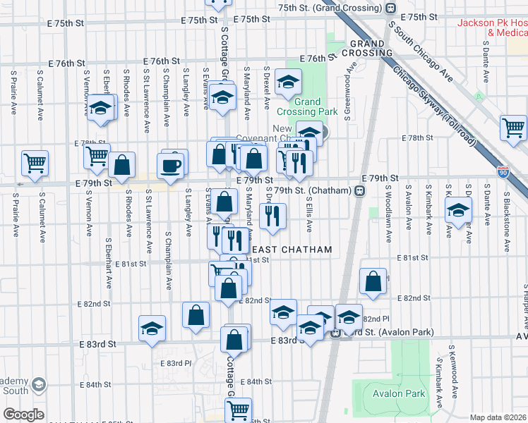 map of restaurants, bars, coffee shops, grocery stores, and more near 856 East 80th Street in Chicago