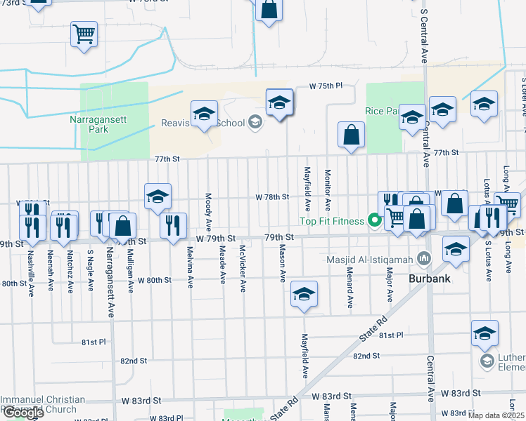 map of restaurants, bars, coffee shops, grocery stores, and more near 7830 Austin Avenue in Burbank
