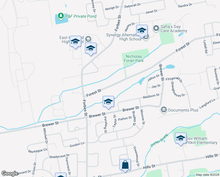 map of restaurants, bars, coffee shops, grocery stores, and more near 89 Forest Street in East Hartford