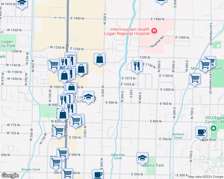 map of restaurants, bars, coffee shops, grocery stores, and more near 252 East 1000 North in Logan