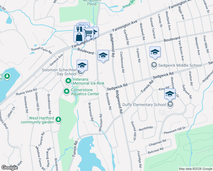 map of restaurants, bars, coffee shops, grocery stores, and more near 216 Sedgwick Road in West Hartford