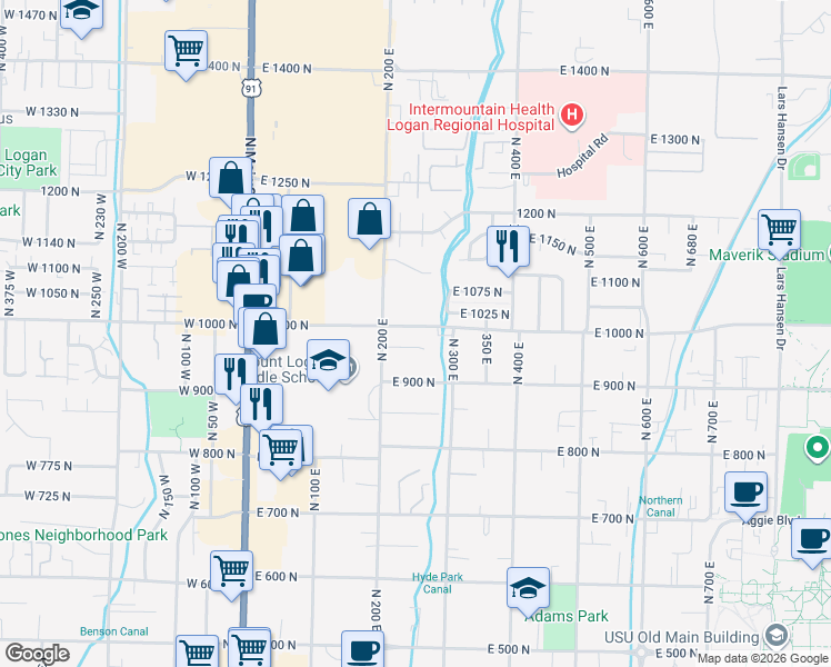 map of restaurants, bars, coffee shops, grocery stores, and more near 252 East 1000 North in Logan