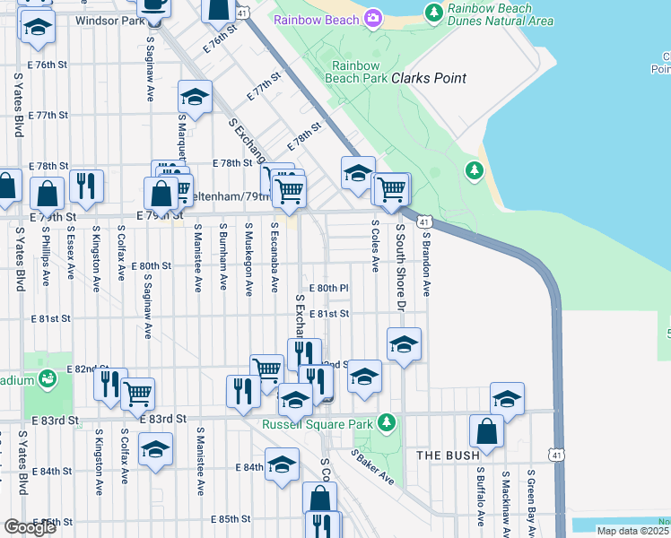 map of restaurants, bars, coffee shops, grocery stores, and more near 3011 East 80th Street in Chicago