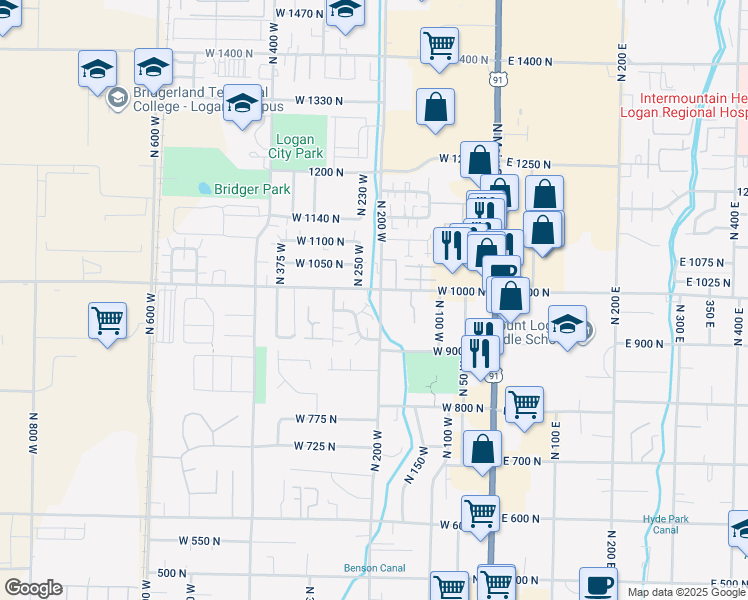 map of restaurants, bars, coffee shops, grocery stores, and more near 279 Bridger Drive in Logan
