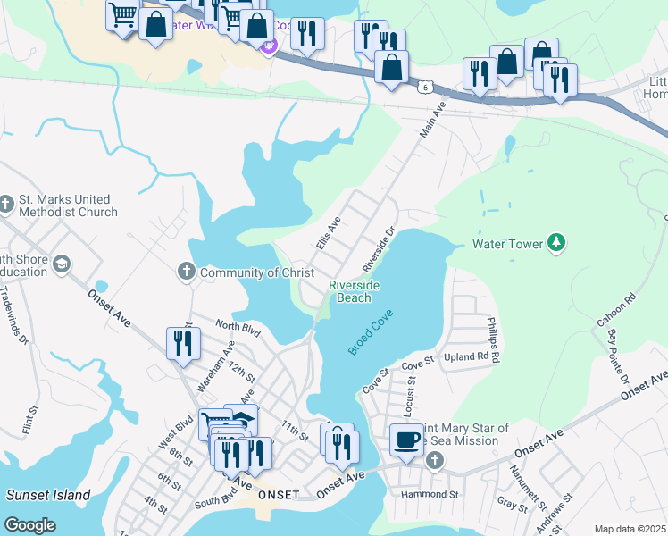 map of restaurants, bars, coffee shops, grocery stores, and more near 47 Riverside Drive in Wareham