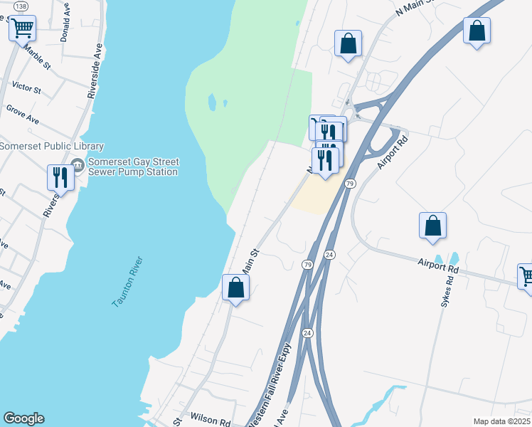 map of restaurants, bars, coffee shops, grocery stores, and more near 3966 North Main Street in Fall River