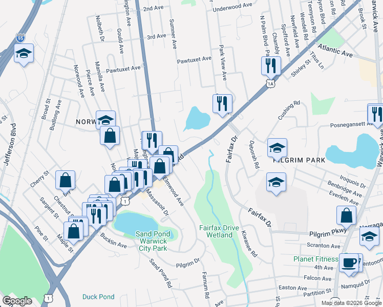 map of restaurants, bars, coffee shops, grocery stores, and more near 26 Sandlewood Avenue in Warwick