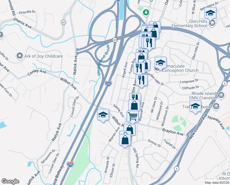 map of restaurants, bars, coffee shops, grocery stores, and more near 34 Angell Avenue in Cranston