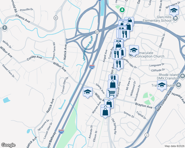 map of restaurants, bars, coffee shops, grocery stores, and more near 99 Searle Avenue in Cranston