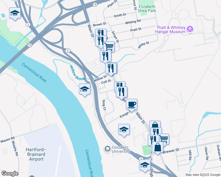 map of restaurants, bars, coffee shops, grocery stores, and more near 23 Crosby Street in East Hartford
