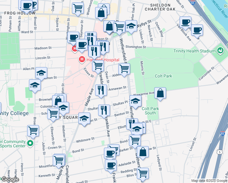 map of restaurants, bars, coffee shops, grocery stores, and more near 49 Annawan Street in Hartford