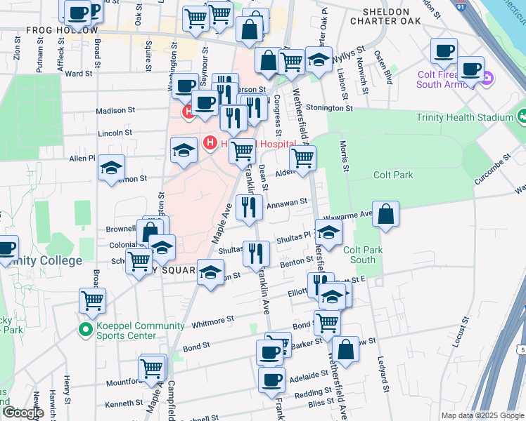 map of restaurants, bars, coffee shops, grocery stores, and more near 49 Annawan Street in Hartford