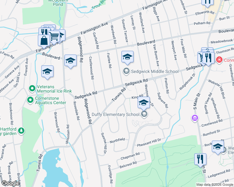 map of restaurants, bars, coffee shops, grocery stores, and more near 3 Spring Lane in West Hartford