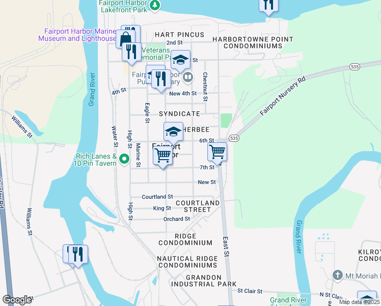 map of restaurants, bars, coffee shops, grocery stores, and more near 630 Vine Street in Fairport Harbor