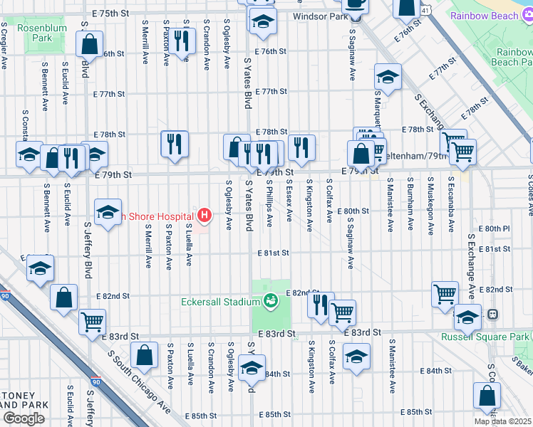 map of restaurants, bars, coffee shops, grocery stores, and more near 8014 South Phillips Avenue in Chicago