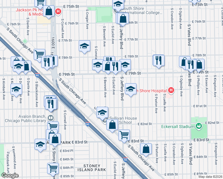 map of restaurants, bars, coffee shops, grocery stores, and more near 8004 South Euclid Avenue in Chicago