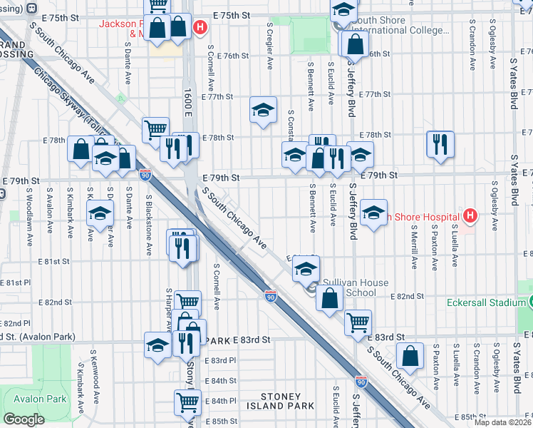 map of restaurants, bars, coffee shops, grocery stores, and more near 8004 South Constance Avenue in Chicago