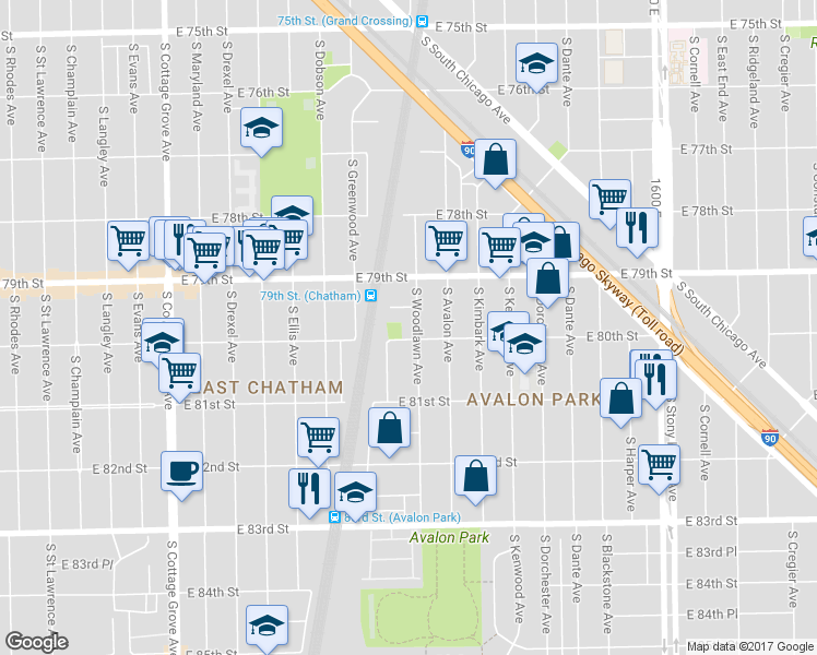map of restaurants, bars, coffee shops, grocery stores, and more near 8000 South Woodlawn Avenue in Chicago