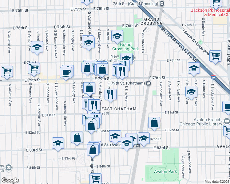 map of restaurants, bars, coffee shops, grocery stores, and more near 914 East 80th Street in Chicago