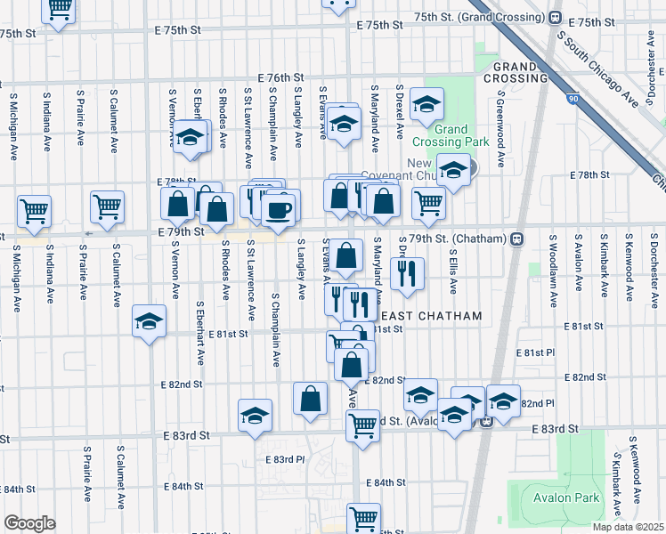 map of restaurants, bars, coffee shops, grocery stores, and more near 742 East 80th Street in Chicago