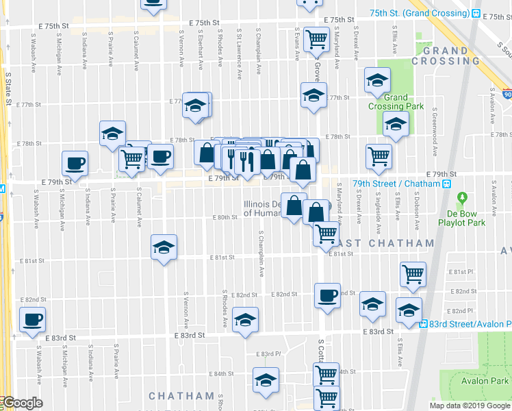 map of restaurants, bars, coffee shops, grocery stores, and more near 7958 South Champlain Avenue in Chicago