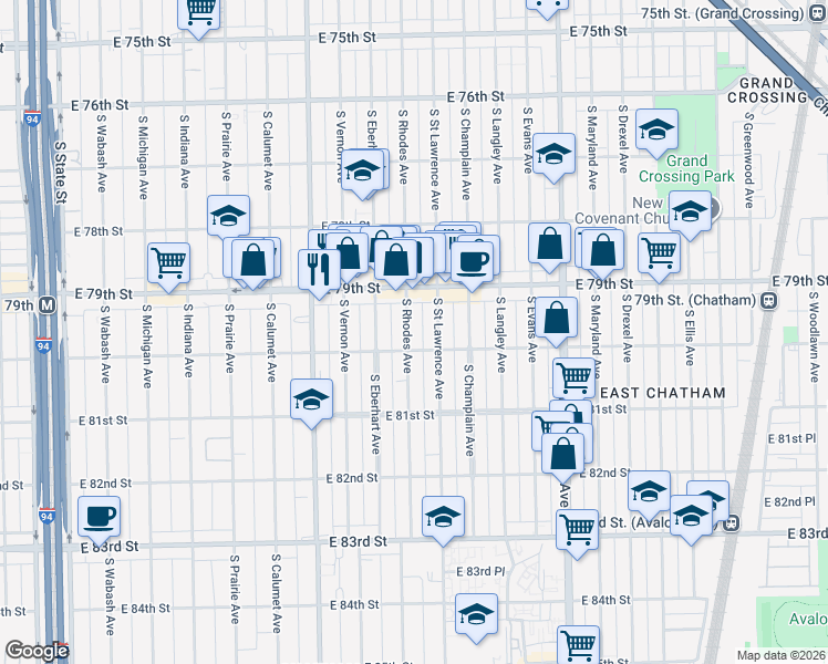 map of restaurants, bars, coffee shops, grocery stores, and more near 542 East 80th Street in Chicago