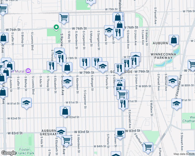 map of restaurants, bars, coffee shops, grocery stores, and more near 7934 South Sangamon Street in Chicago