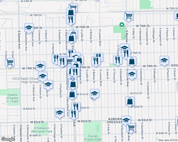 map of restaurants, bars, coffee shops, grocery stores, and more near 7928 South Bishop Street in Chicago