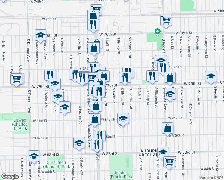 map of restaurants, bars, coffee shops, grocery stores, and more near 7926 South Laflin Street in Chicago