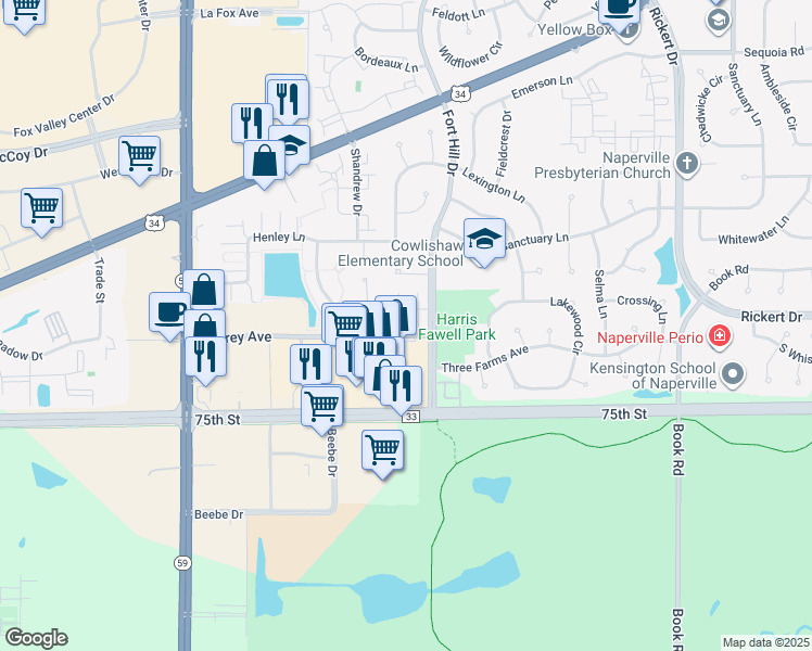 map of restaurants, bars, coffee shops, grocery stores, and more near 2518 Audrey Avenue in Naperville