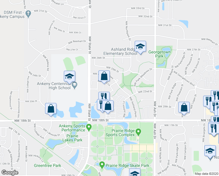 map of restaurants, bars, coffee shops, grocery stores, and more near 1303 Northwest 23rd Lane in Ankeny